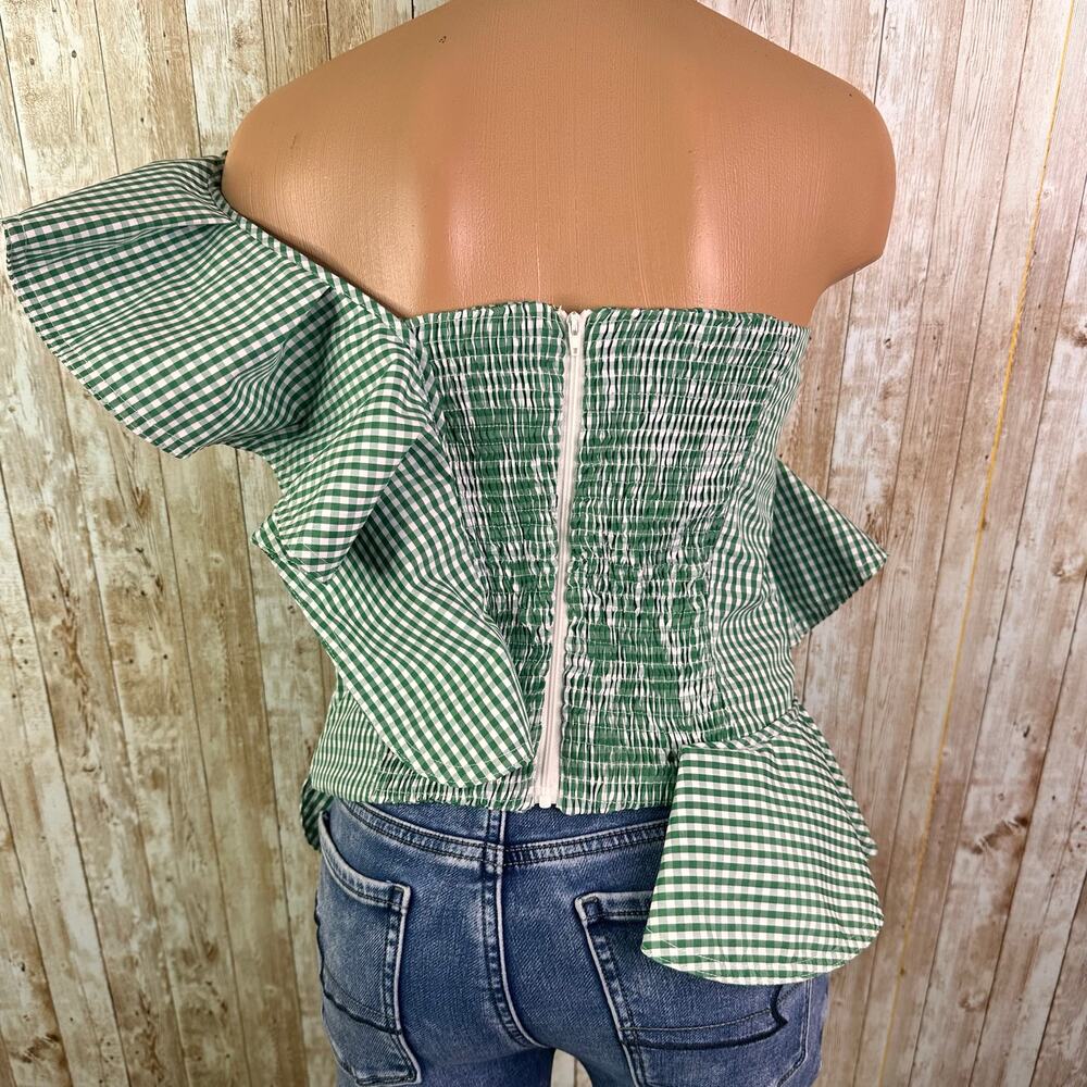 LUXE by STYLEKEEPERS Womens Size M One Shoulder green Gingham Top - Picture 5 of 7